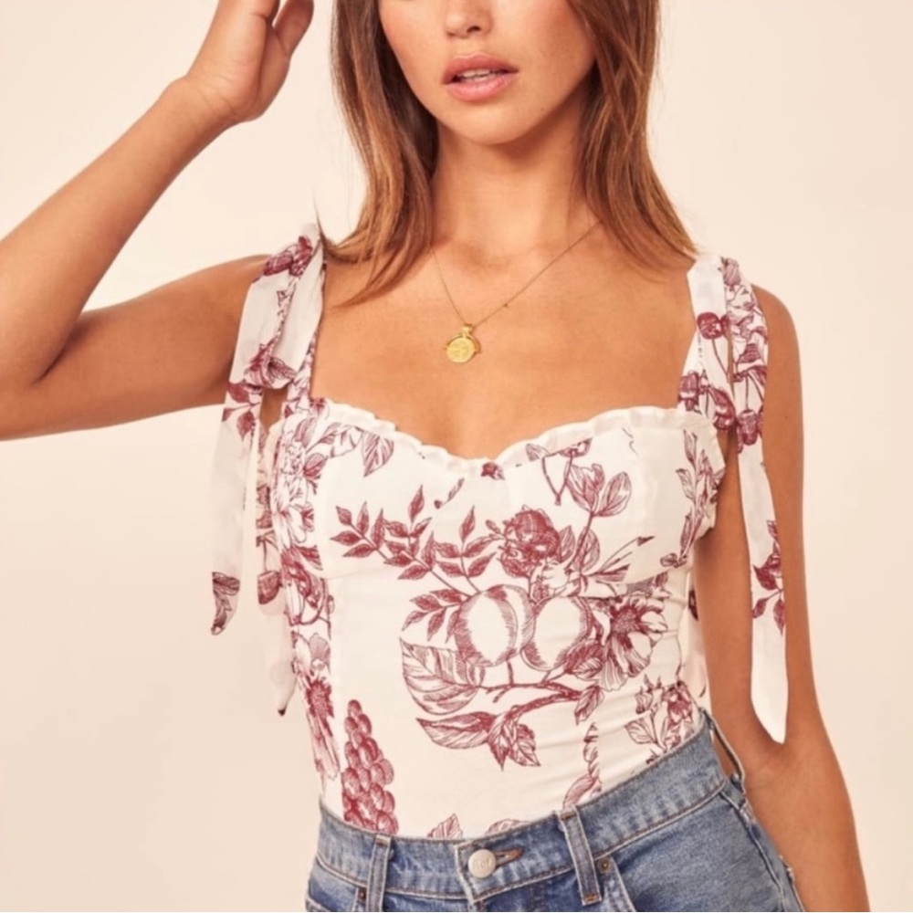 Reformation Blanca Smocked Corset Top Tie Strap Provence Red White Floral Size 4